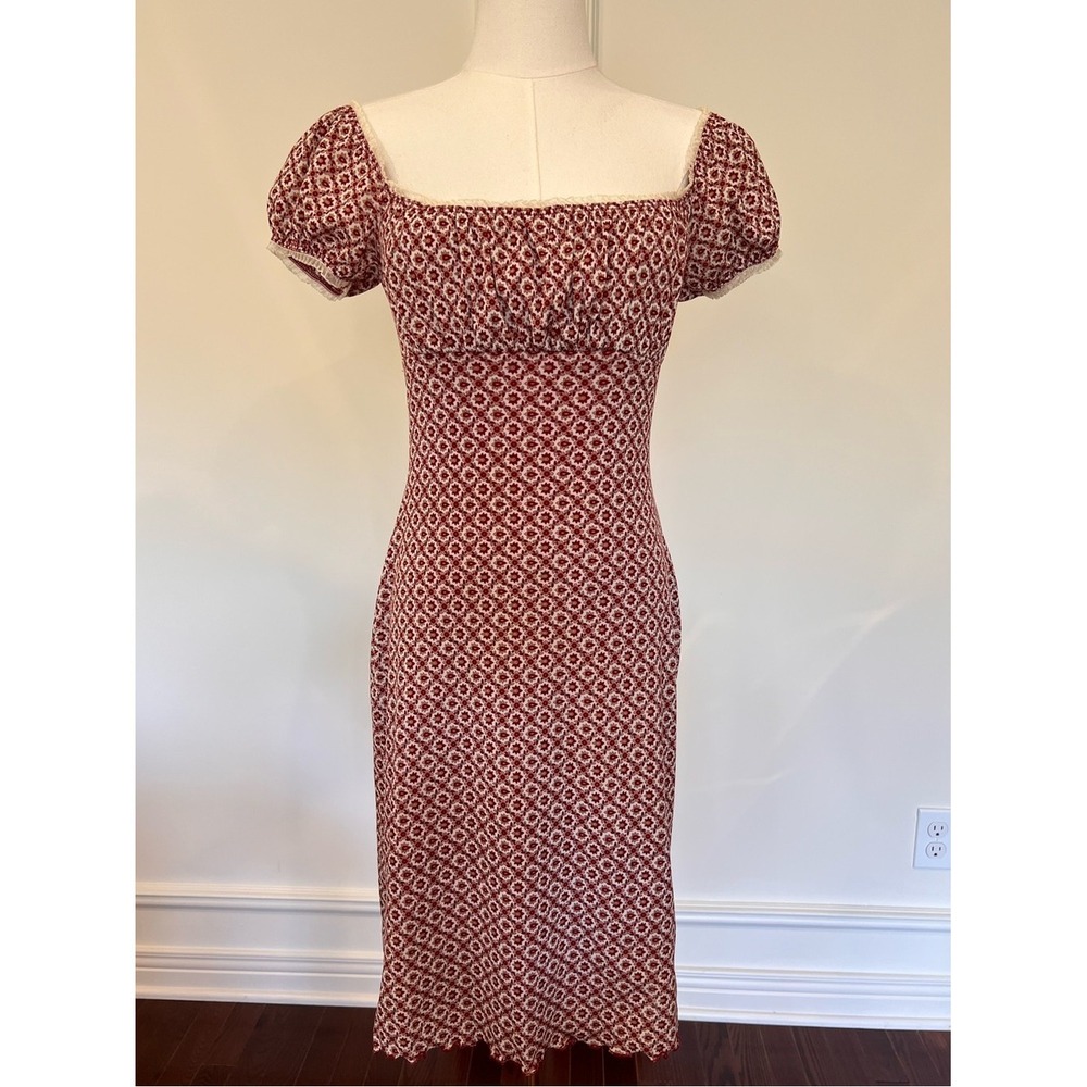 HeartSoul Y2K Burgundy Foulard Mesh Milkmaid Midi Dress Lace Trim S DFX84306